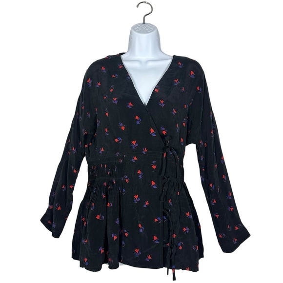 Caron Callahan Mica Black Floral Wrap Blouse Long Sleeve V-Neck Cupro Top Medium - Picture 1 of 10